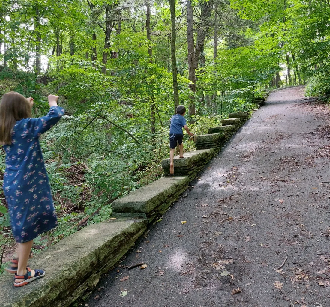 Two children explore a stone ledge next to a paved trail in a green forest.